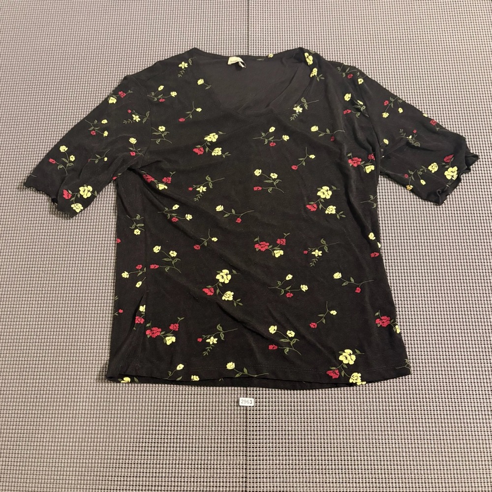 Susan Lawrence Womens Black Floral V-Neck Short Sleeve Top Size Estimated S